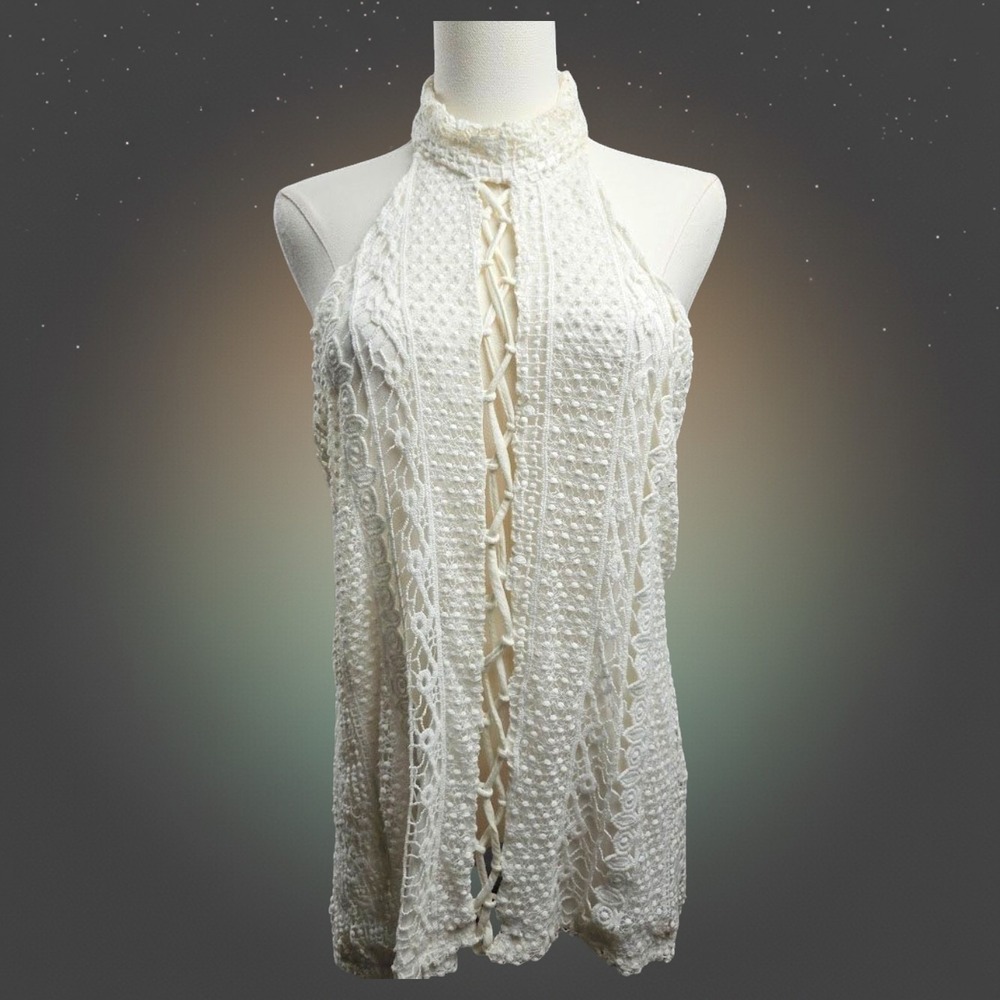 BKE Gimmicks Boho Crochet Halter Top Large Ivory Lace Cutout Festival Tank - Picture 1 of 10